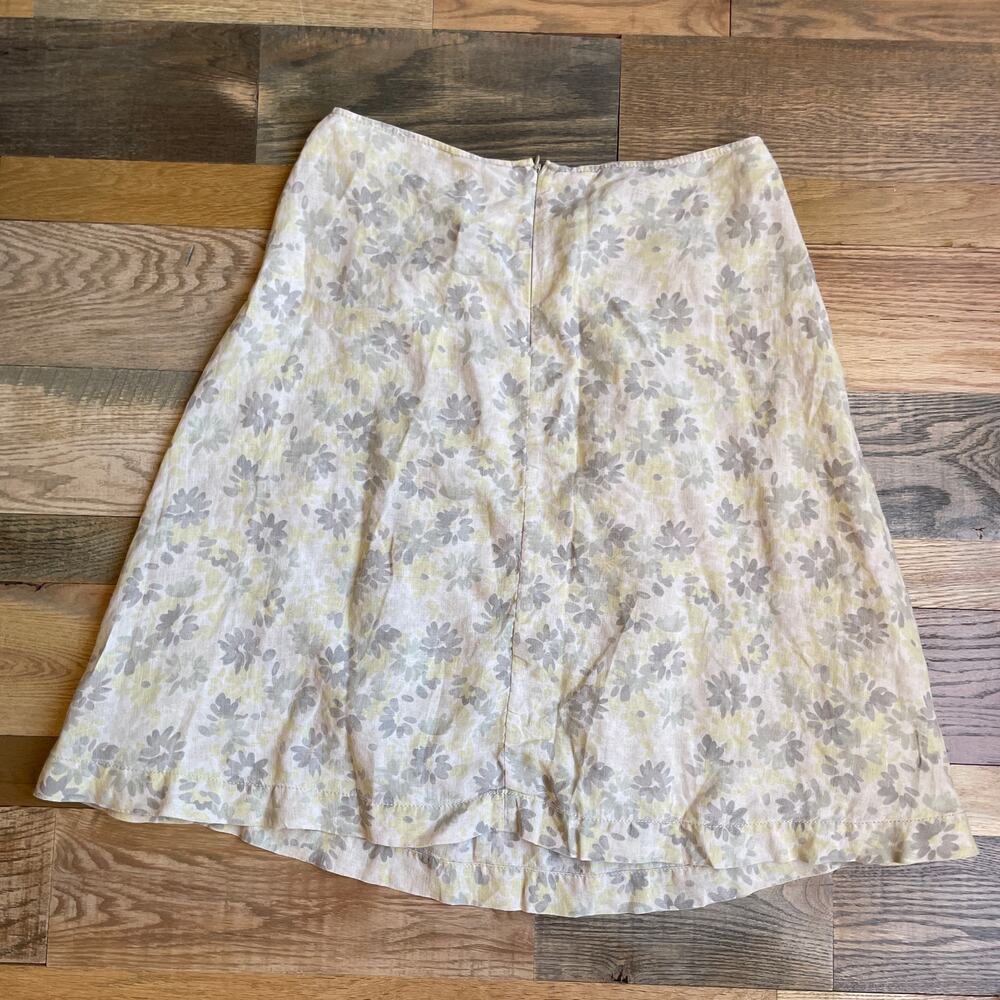Pure DKNY Linen Floral A-Line Skirt Womens Size 8 Beige Midi